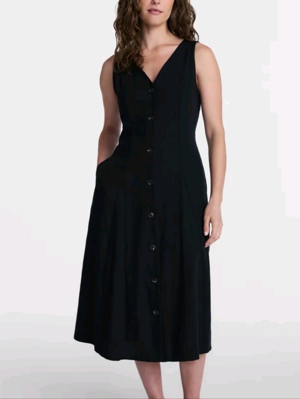 Black Button-Front Midi Dress - Sleeveless V-Neck